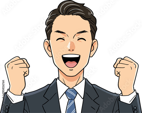 Joyful Businessman Celebrating Success in Dark Suit White Shirt Blue Tie