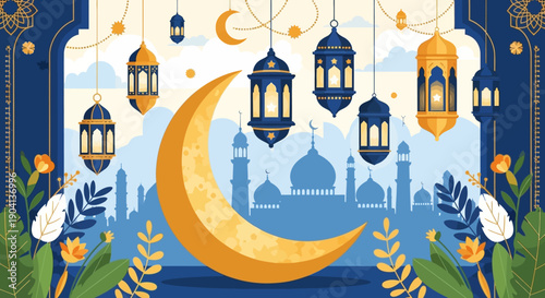 Vibrant Eid Mubarak celebration with crescent moon, lanterns, and traditional drum
