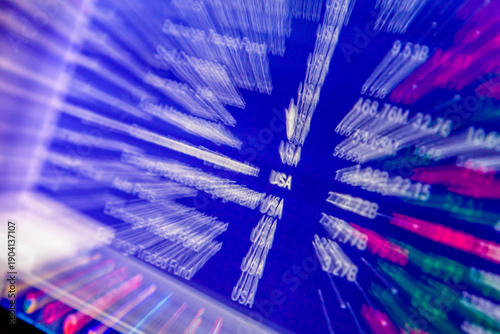 Stock market trading screen with financial data and motion blur effect