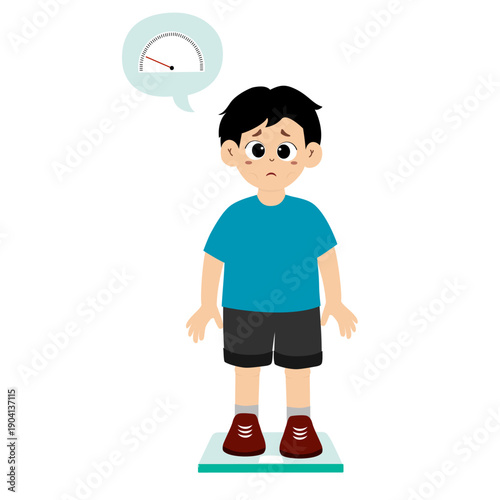 Cute, skinny, sad little boy using weight scale (vector)