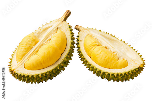 delicious durian fruit cut in half, showing the creamy yellow flesh inside, a tropical delicacy photograph perfect for food blogs