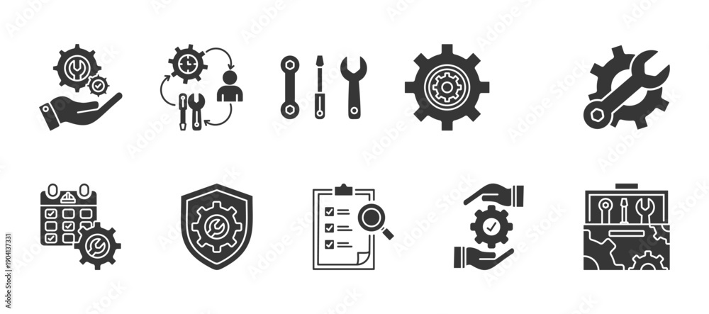 Obraz premium Maintenance and Repair glyph icon set collection . Icon pack contain Maintenance, Repair, Wrench, Gear, Machine repair, Inspection, Service schedule, Preventive maintenance,