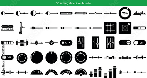 50 UI Control and Settings Icons. Vector sliders, toggle switches, and volume knobs for app interface design, including faders, progress bars, and adjustment levels