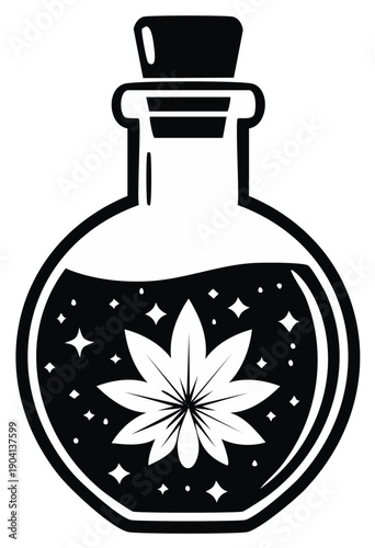 Mysterious potion bottle with glowing leaf and stars black and white illustration