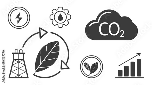 Environmental and Energy Sustainability Icon environmental and energy concepts, CO2 cloud, a power plant with a leaf cycle, a lightning bolt, an oil gear, a certified eco-leaf, and a growing bar graph