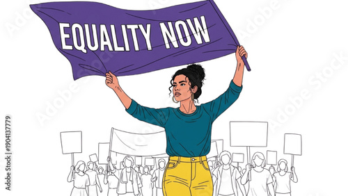 High-quality black outline colorful art of a woman marching with a banner, representing civil rights activism and social justice