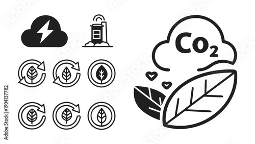 Eco friendly technology and environmental protection vector icons,  Set of minimalist vector illustrations representing green energy, plant growth, and environmental care through clean line art