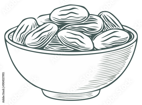 Engraved bowl of dates, wholesome desert fruit illustration