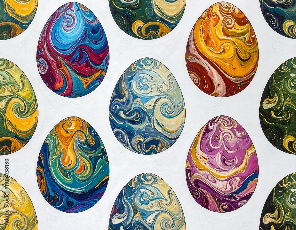 Fototapeta premium Colorful, abstract egg pattern on a plain white backdrop