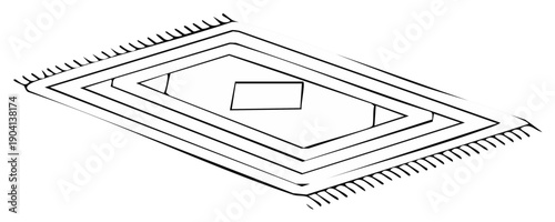 Monochromatic hand drawn style outline of a decorative rectangular area rug with fringe and abstract pattern