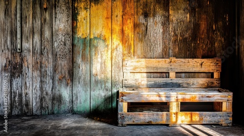 A weathered wooden pallet bench sits against a textured, aged wood wall with visible grain and shadows