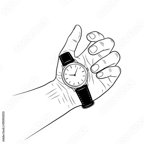 Hand holding a classic wristwatch with black leather strap, line art illustration
