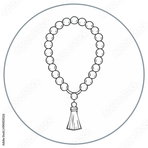 Spiritual prayer beads rosary tasbih mala with tassel line art icon vector illustration