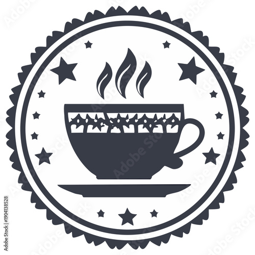 Vintage coffee shop logo emblem with a steaming cup and stars