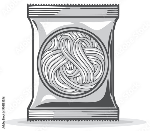 Stylized illustration of a packaged food product with a circular graphic showcasing noodles inside