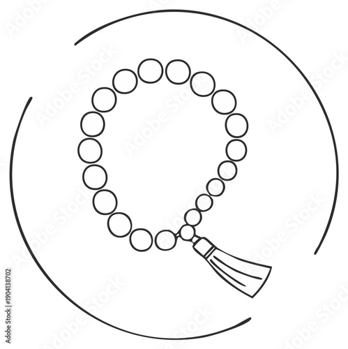 Elegant Black and White Tasbih Rosary Beads with Tassel Minimalist Line Art Inside Circle