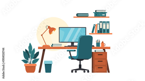 Home office workspace with computer and furniture