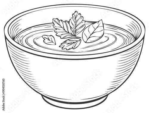 Vintage engraving style drawing of a healthy food bowl with fresh garnish