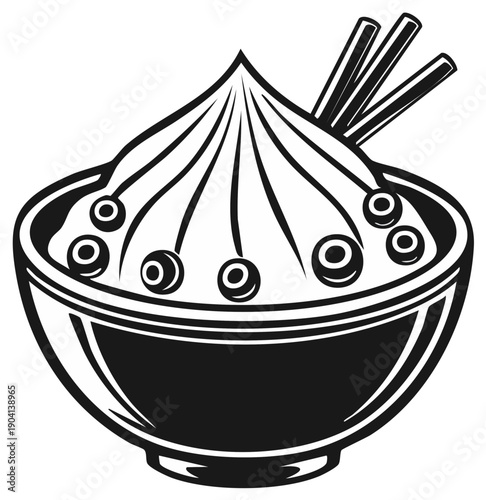 Dumpling in Bowl with Toppings - Vector Icon Illustration of Asian Cuisine and Food
