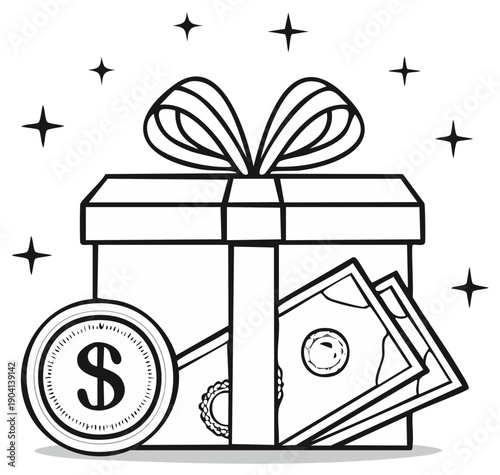Gift box with money and coin celebrating financial reward and surprise