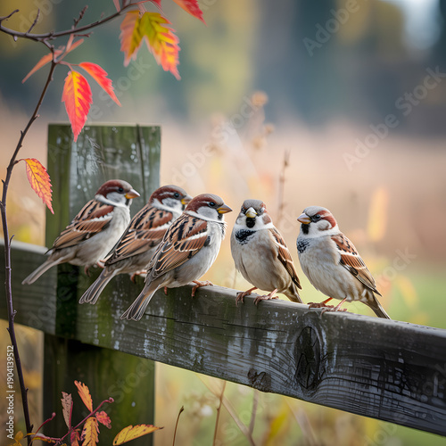 Sparrows perched on a wooden fence in autumn scenery with vibrant foliage