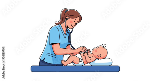 Nurse checking baby's heartbeat with stethoscope