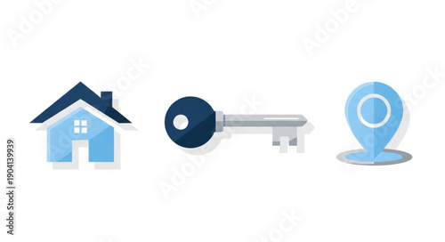 Real estate icons representing home key and location.
