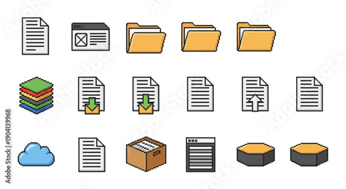 A collection of diverse digital icons representing documents, folders, storage, and cloud technology, ideal for interface design and data management