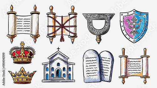 Hand Drawn Jewish Religious Symbols Vector Set Featuring Torah Scroll Synagogue Building Ten Commandments Tablets and Royal Crown for Judaism Holidays and Hanukkah Decoration