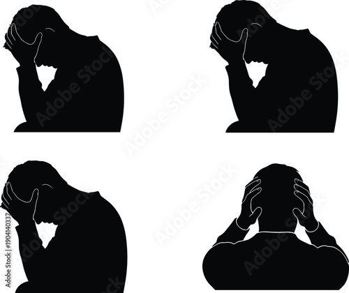 Depressed man silhouette set, mental health stress anxiety concept, sad male holding head, emotional problem illustration isolated on white background