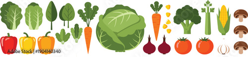 Large set of minimalist flat design vegetable icons featuring cabbage carrots tomatoes broccoli bell peppers and mushrooms on grey background