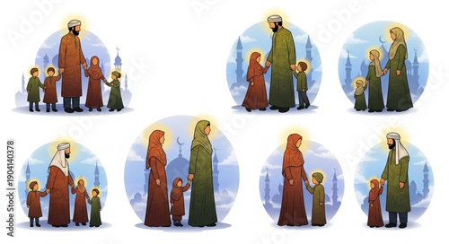 Religious figures with children in various scenes.