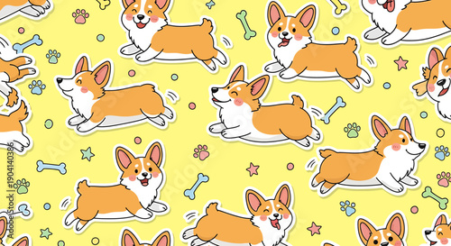 Cute Corgi Dog Pattern Seamless Vector Illustration, Adorable Pembrokeshire Welsh Corgi Puppy