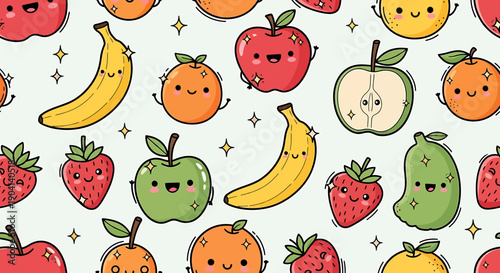 Kawaii Fruit Pattern: Cute Bananas, Apples, Oranges, Strawberries, Pears