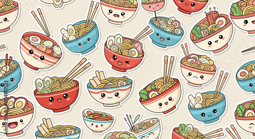 Kawaii Ramen Bowl Pattern, Cute Japanese Noodle Soup Characters, Food Illustration