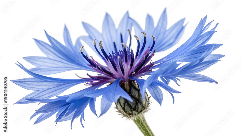 Obraz premium Vibrant blue cornflower in full bloom isolated on white background close up