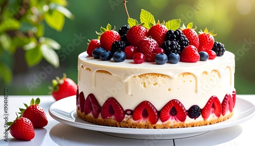 Wallpaper Mural Delicious Fresh Strawberry and Berry Cake Decorated with Cream and Fruit. Torontodigital.ca