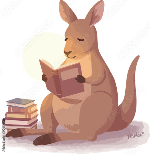 Kangaroo Reading Book Vector Minimal Illustration With Warm Sunlight