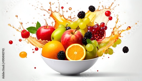 Fruit bowl explosion colorful fruits with a juice splash on white backdrop