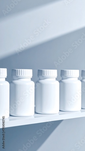 White plastic pill bottles arranged neatly on shelf against a white wall, bathed in soft, angled light