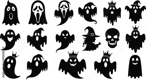 Halloween ghost silhouette set, scary spooky cartoon spirits collection, black horror icons for holiday decoration, vector illustration isolated on white background