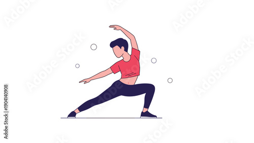 Person in a red top and dark leggings performs a graceful yoga stretch or dance pose against a minimal background.