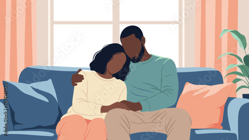 African american couple sits closely on a blue sofa in a moment of deep affection and comfort in their home.
