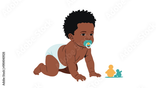 Sweet african american baby in a white diaper crawls on the floor near colorful toys against a plain background.