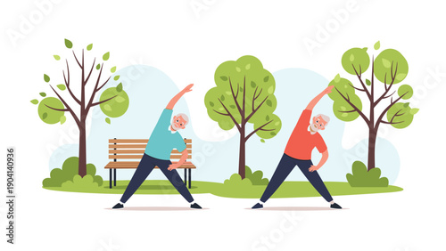 Two senior men in sportswear perform side stretch exercises together in a sunny park with green trees and a bench.