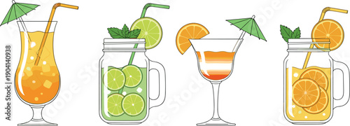 Set of colorful minimalist cocktails and mocktails featuring lime mojito orange juice and tropical drinks with straws and umbrellas on grey background