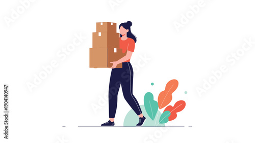 Young woman carefully carries a heavy stack of cardboard boxes while walking past colorful abstract leaves.