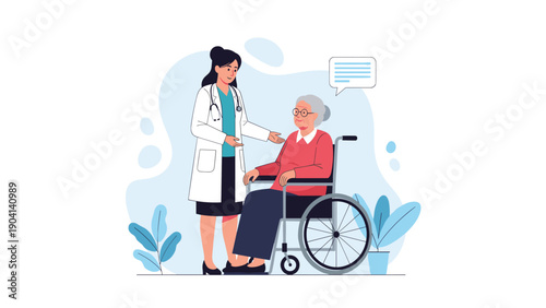 Professional female doctor in a white coat talks to an elderly woman in a wheelchair with a supportive gesture.