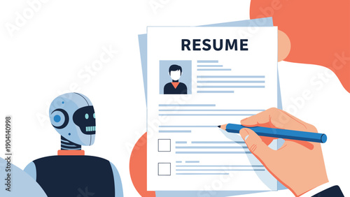 Human hand fills out a resume form with a pen while a robotic head observes suggesting the role of AI in hiring.