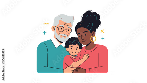 Loving multi generational family portrait featuring a senior man, a young woman, and a happy little child together.